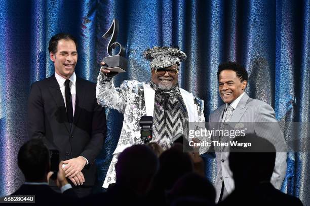 Editor in Chief of Village Voice Joe Levy, Singer/Songwriter George Clinton and SESAC VP of Creative Services James Leach onstage at the 2017 SESAC...