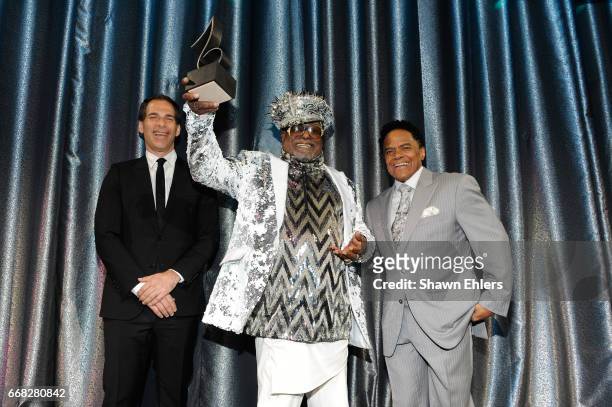 Editor in Chief of Village Voice Joe Levy, Singer/Songwriter George Clinton and SESAC VP of Creative Services James Leach onstage at the 2017 SESAC...