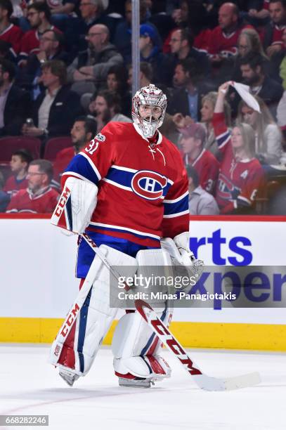 Carey Price of the Montreal Canadiens looks on while he skates against the New York Rangers in Game One of the Eastern Conference First Round during...