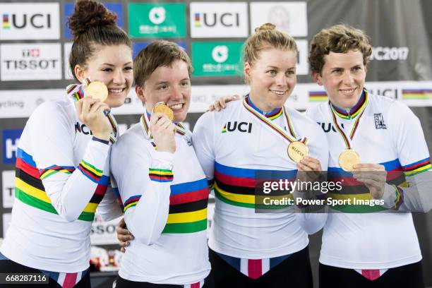 The team of USA with Kelly Catlin, Chloe Dygert, Kimberly Geist and Jennifer Valente celebrates winning the Women's Team Pursuit Finals during 2017...