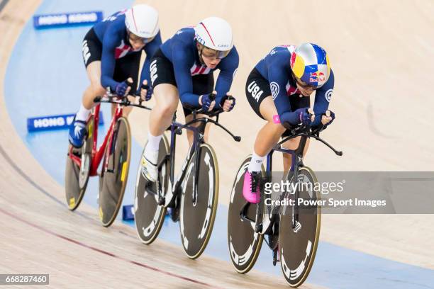The team of USA with Kelly Catlin, Chloe Dygert, Kimberly Geist and Jennifer Valente competes in the Women's Team Pursuit Finals during 2017 UCI...