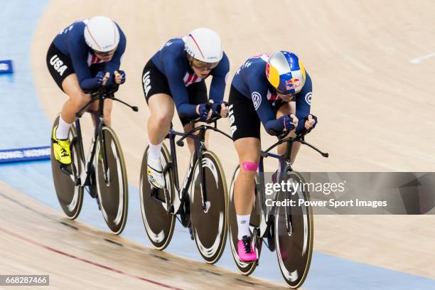 The team of USA with Kelly Catlin, Chloe Dygert, Kimberly Geist and Jennifer Valente competes in the The team of USA with Kelly Catlin, Chloe Dygert,...