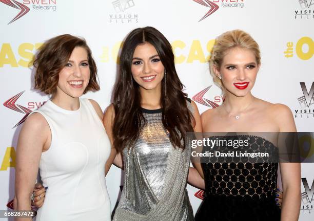 Actresses Eden Sher, Victoria Justice, and Claudia Lee attend the premiere of Swen Group's "The Outcasts" at Landmark Regent on April 13, 2017 in Los...