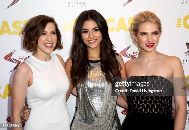 Actresses Eden Sher, Victoria Justice, and Claudia Lee attend the premiere of Swen Group's "The Outcasts" at Landmark Regent on April 13, 2017 in Los...