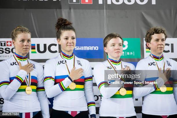 The team of USA with Kelly Catlin, Chloe Dygert, Kimberly Geist and Jennifer Valente celebrates winning the Women's Team Pursuit Finals during 2017...