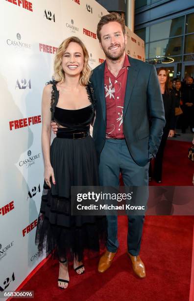 Actors Brie Larson and Armie Hammer attend The Los Angeles Premiere Of "Free Fire" Presented By Casa Noble Tequila on April 13, 2017 in Los Angeles,...