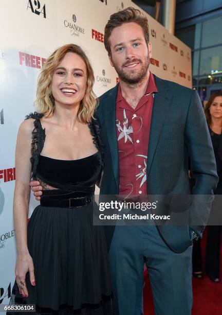 Actors Brie Larson and Armie Hammer attend The Los Angeles Premiere Of "Free Fire" Presented By Casa Noble Tequila on April 13, 2017 in Los Angeles,...