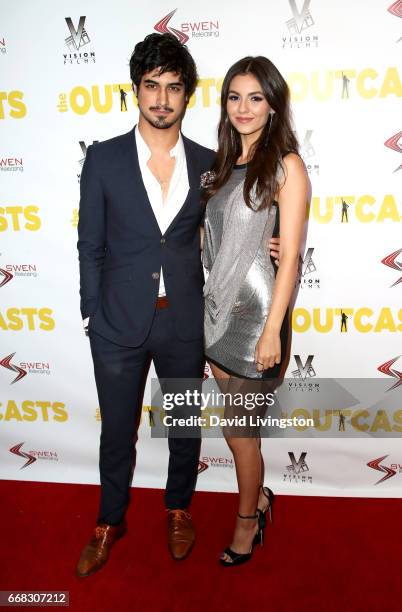 Actor Avan Jogia and actress Victoria Justice attend the premiere of Swen Group's "The Outcasts" at Landmark Regent on April 13, 2017 in Los Angeles,...