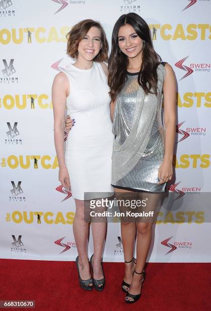 Eden Sher and Victoria Justice arrive at the Los Angeles Premiere "The Outcasts" at Landmark Regent on April 13, 2017 in Los Angeles, California.