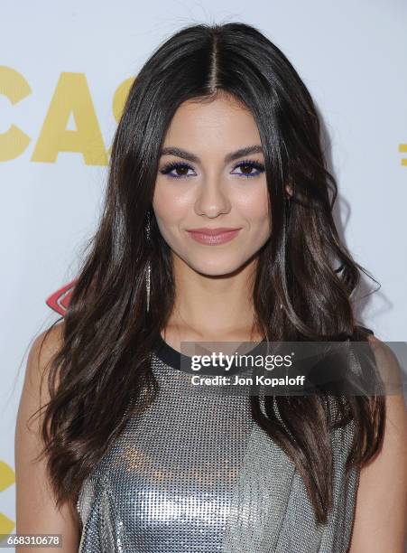 Actress Victoria Justice arrives at the Los Angeles Premiere "The Outcasts" at Landmark Regent on April 13, 2017 in Los Angeles, California.