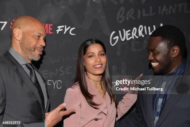 Executive Producer John Ridley and actors Freida Pinto and Babou Ceesay attend Showtime's "Guerrilla" FYC Event at The WGA Theater on April 13, 2017...