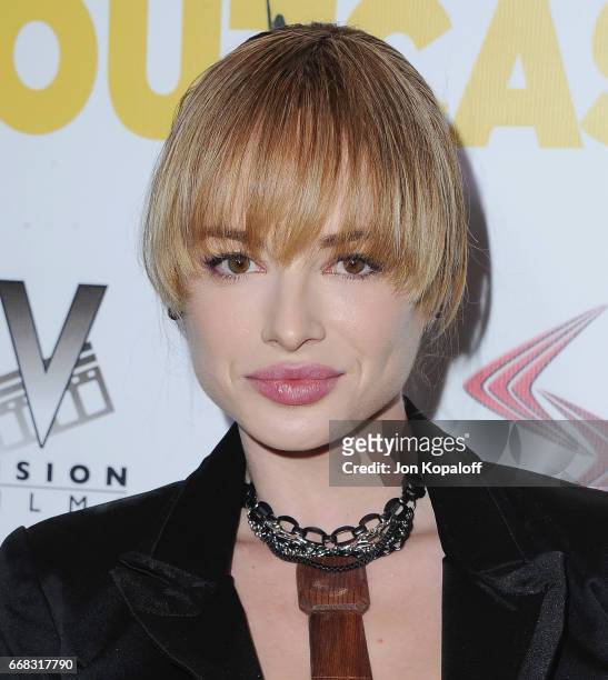 Actress Ashley Rickards arrives at the Los Angeles Premiere "The Outcasts" at Landmark Regent on April 13, 2017 in Los Angeles, California.