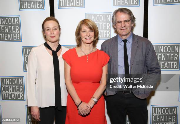 Jennifer Ehle, Mona Juul and Bartlett Sher attend the Opening Night Performance press reception for the Lincoln Center Theater production of 'Oslo'...