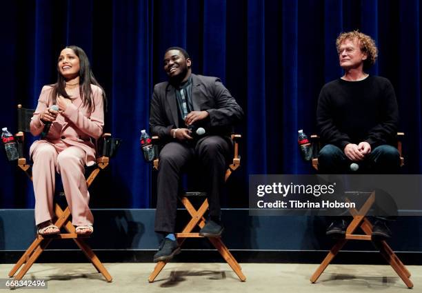 Freida Pinto, Babou Ceesay and Paul Cross attend Showtime's 'Guerrilla' FYC Event at The WGA Theater on April 13, 2017 in Beverly Hills, California.