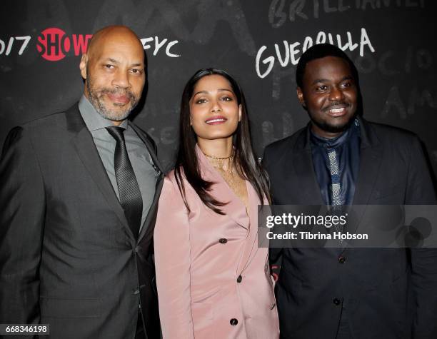 John Ridley, Freida Pinto and Babou Ceesay attend Showtime's 'Guerrilla' FYC Event at The WGA Theater on April 13, 2017 in Beverly Hills, California.