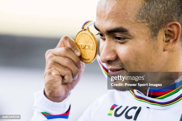 Mohd Azizulhasni Awang of the Malaysia team celebrates winning the Men's Keirin Final during 2017 UCI World Cycling on April 13, 2017 in Hong Kong,...