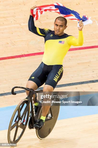 Mohd Azizulhasni Awang of the Malaysia team celebrates winning the Men's Keirin Final during 2017 UCI World Cycling on April 13, 2017 in Hong Kong,...