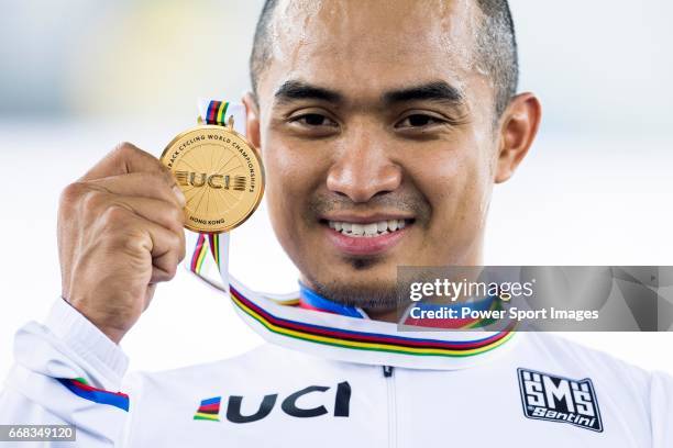 Mohd Azizulhasni Awang of the Malaysia team celebrates winning the Men's Keirin Final during 2017 UCI World Cycling on April 13, 2017 in Hong Kong,...