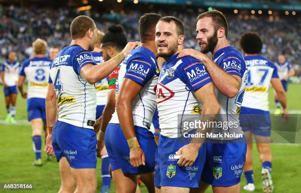 Josh Reynolds of the Bulldogs celebrates a try by Josh Morris during the round seven NRL match between the Canterbury Bulldogs and the South Sydney...