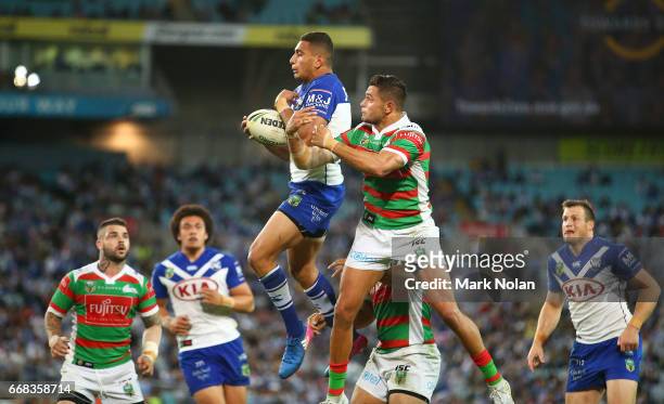 Marcelo Montoya of the Bulldogs takes a high ball during the round seven NRL match between the Canterbury Bulldogs and the South Sydney Rabbitohs at...