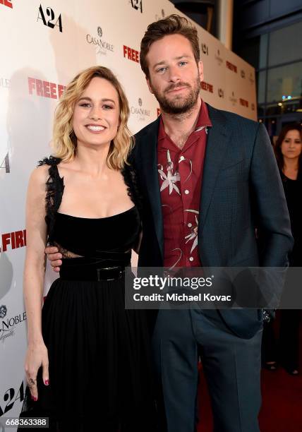 Actors Brie Larson and Armie Hammer attend The Los Angeles Premiere Of "Free Fire" Presented By Casa Noble Tequila on April 13, 2017 in Los Angeles,...