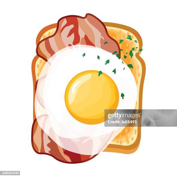 delicious crispy toast with bacon and egg - rustic bread top view stock illustrations