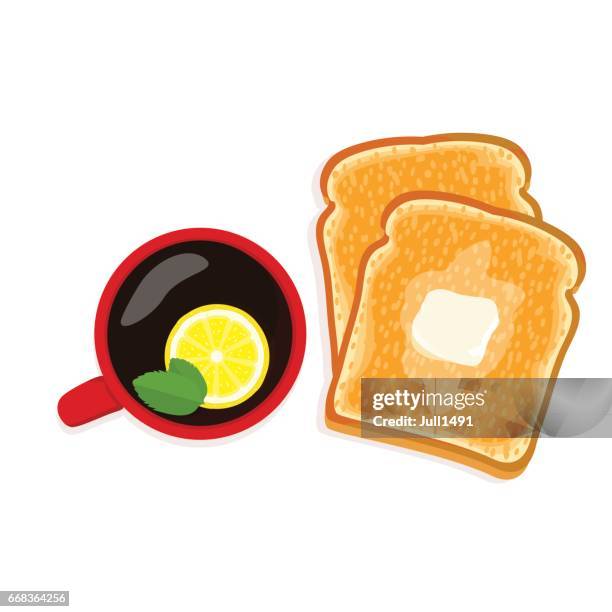 stockillustraties, clipart, cartoons en iconen met 's ochtends koffie met een krokant toast - toasted sandwich