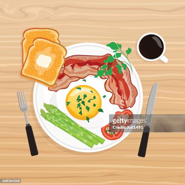 stockillustraties, clipart, cartoons en iconen met ontbijt. spek en eieren met groenten en kruiden. krokant gebakken toast met boter en aromatische koffie - toasted sandwich