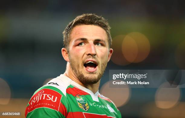 Samuel Burgess of the Rabbitohs talks with his players during the round seven NRL match between the Canterbury Bulldogs and the South Sydney...