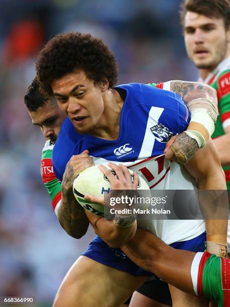 Raymond Faitala of the Bulldogs is tackled during the round seven NRL match between the Canterbury Bulldogs and the South Sydney Rabbitohs at ANZ...