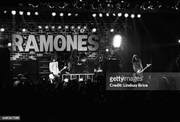 View from the balcony, of The Ramones in performance at the Hollywood Palladium in Los Angeles, California, October 16, 1992. Left to right: Johnny...