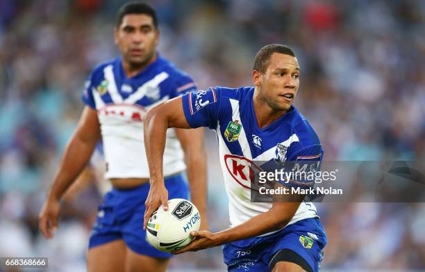 Moses Mbye of the Bulldogs in action during the round seven NRL match between the Canterbury Bulldogs and the South Sydney Rabbitohs at ANZ Stadium...