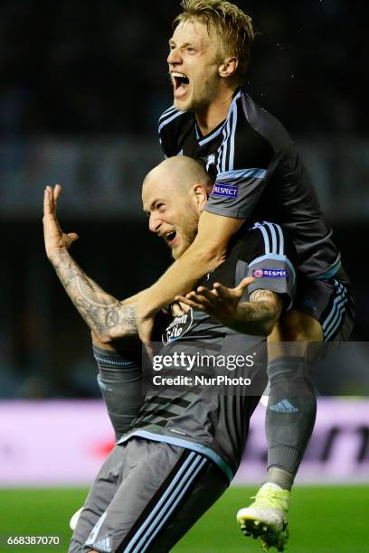 John Guidetti forward of Celta de Vigo and Daniel Wass midfielder of Celta de Vigo celebrate a goal during the UEFA Europe League Round of 4 first...