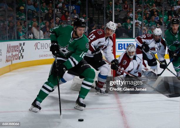 Jason Dickinson of the Dallas Stars handles the puck against the Colorado Avalanche at the American Airlines Center on April 8, 2017 in Dallas, Texas.