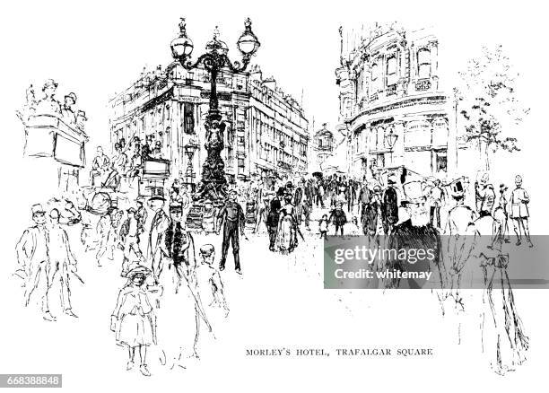 morley's hotel, trafalgar square (victorian illustration) - pedestrian area stock illustrations