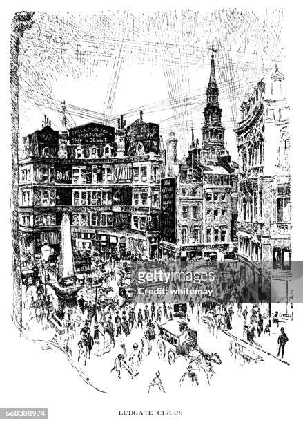 ludgate circus (victorian illustration) - ludgate circus stock illustrations