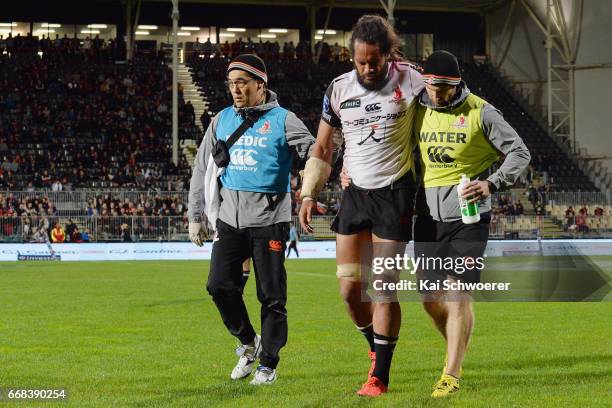 Liaki Moli of the Sunwolves receives medical help during the round eight Super Rugby match between the Crusaders and the Sunwolves at AMI Stadium on...