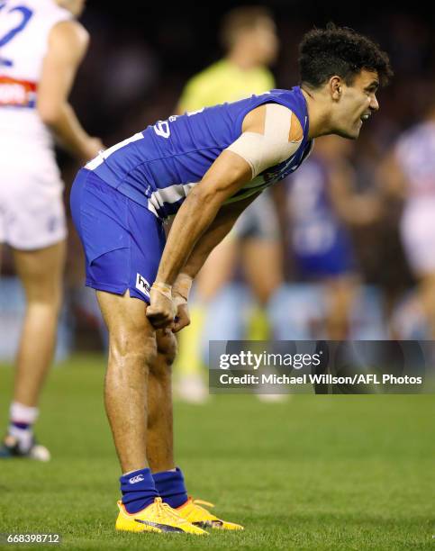 Lindsay Thomas of the Kangaroos shows his emotions after missing a long shot on goal with seconds to go to win the match during the 2017 AFL round 04...