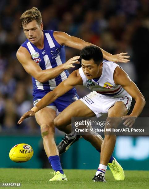 Lin Jong of the Bulldogs and Shaun Higgins of the Kangaroos compete for the ball during the 2017 AFL round 04 match between the North Melbourne...