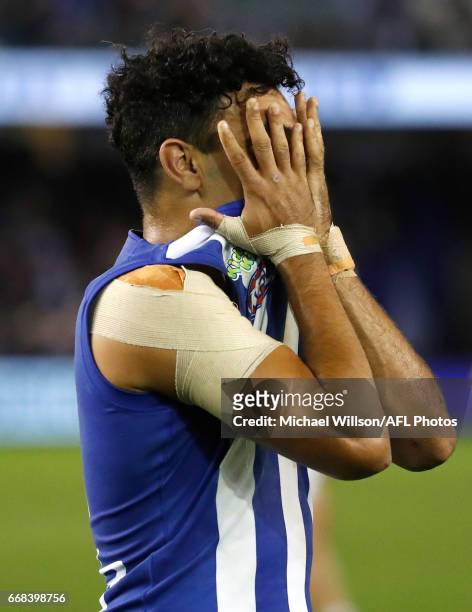 Lindsay Thomas of the Kangaroos shows his emotions after missing a long shot on goal with seconds to go to win the match during the 2017 AFL round 04...
