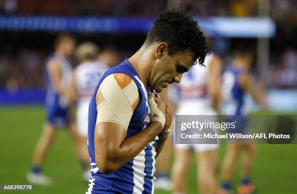 Lindsay Thomas of the Kangaroos shows his emotions after missing a long shot on goal with seconds to go to win the match during the 2017 AFL round 04...