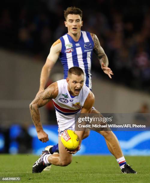 Clay Smith of the Bulldogs in action during the 2017 AFL round 04 match between the North Melbourne Kangaroos and the Western Bulldogs at Etihad...