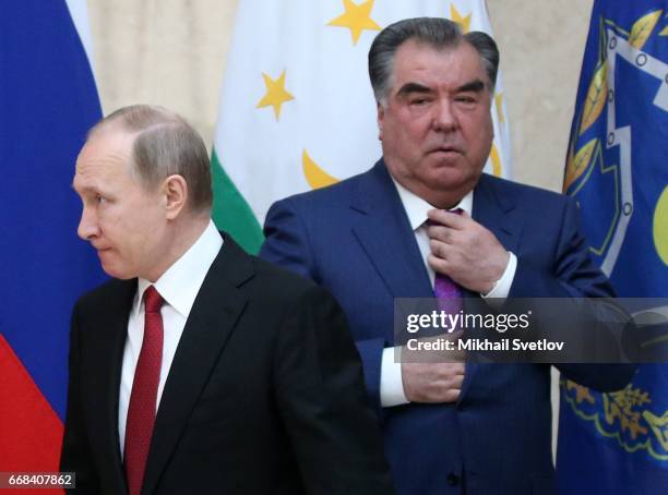 Russian President Vladimir Putin and Tajik President Emomali Rakhmon attend the Summit of Collective Security Treaty Organisation at Ala-Archa State...