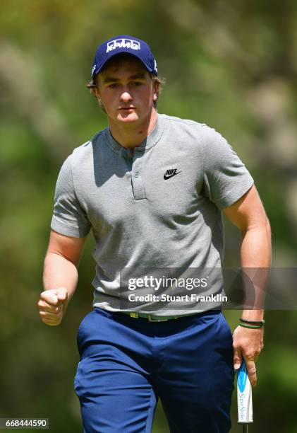 Paul Dunne of Ireland celebrates during day 2 of the Trophee Hassan II at Royal Golf Dar Es Salam on April 14, 2017 in Rabat, Morocco.