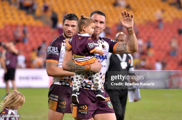 Darius Boyd of the Broncos waves to fans after the round seven NRL match between the Brisbane Broncos and the Gold Coast Titans at Suncorp Stadium on...