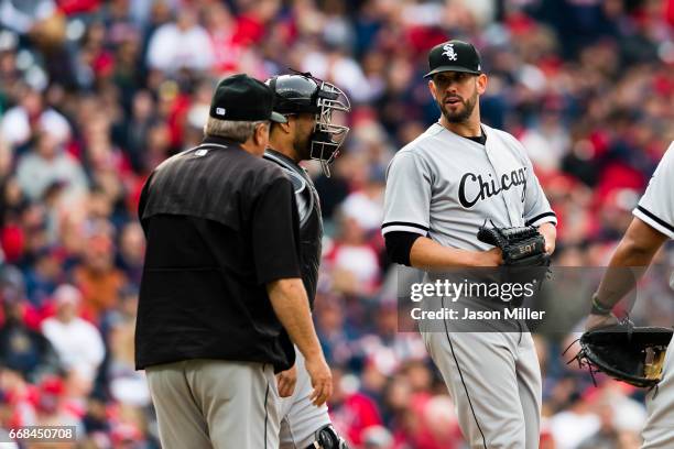 Pitching coach Don Cooper of the Chicago White Sox visits starting pitcher James Shields during the sixth inning at the Cleveland Indians home...