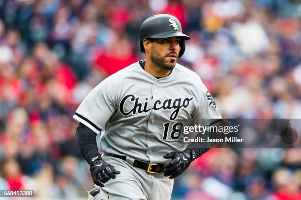 Geovany Soto of the Chicago White Sox singles during the eighth inning at he Cleveland Indians home opening game at Progressive Field on April 11,...