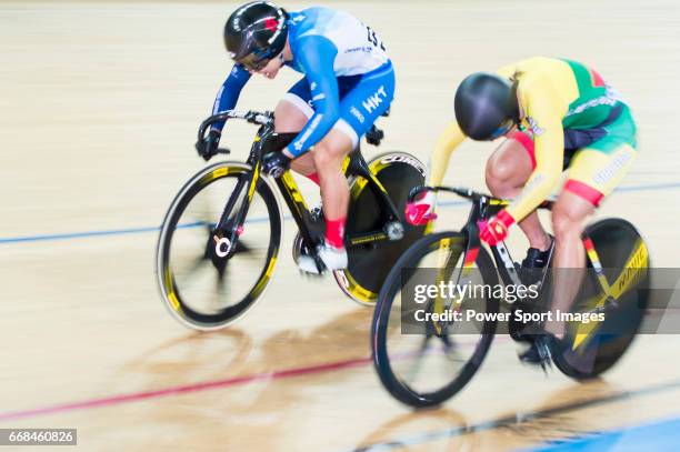 Lee Wai Sze of Hong Kong competes on Simona Krupeckaite of Lithuania the Women's Sprint Final Race 2 during 2017 UCI World Cycling on April 14, 2017...