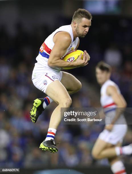 Matt Suckling of the Bulldogs marks the ball during the round four AFL match between the North Melbourne Kangaroos and the Western Bulldogs at Etihad...