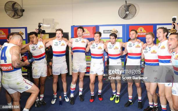 The Bulldogs sing the song in the rooms after winning during the round four AFL match between the North Melbourne Kangaroos and the Western Bulldogs...
